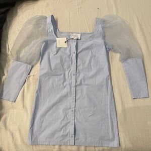 THE SHIRT Rochelle Behrens // blue shirt mini dress puff sleeves - size small
